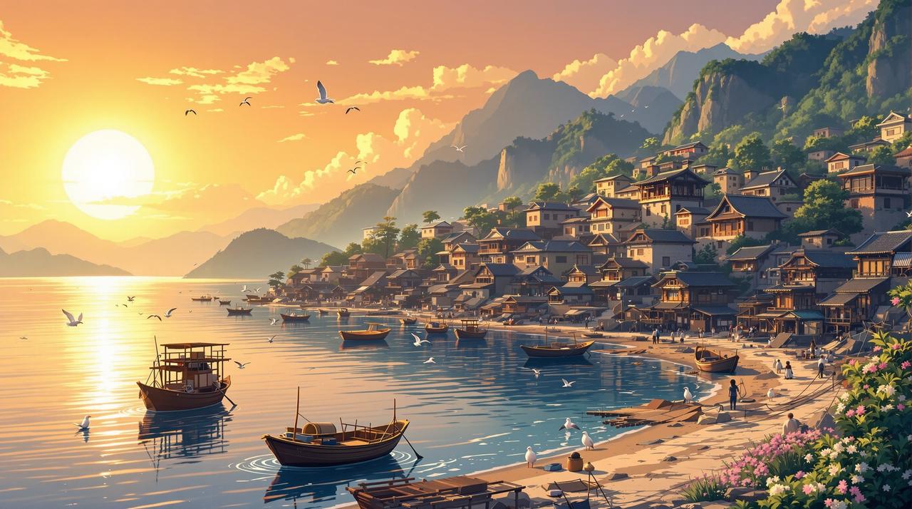 黄果短剧在线 - 海边渔村温暖黄昏全景，金色夕阳下的渔港，停泊的小渔船，传统石屋与远山